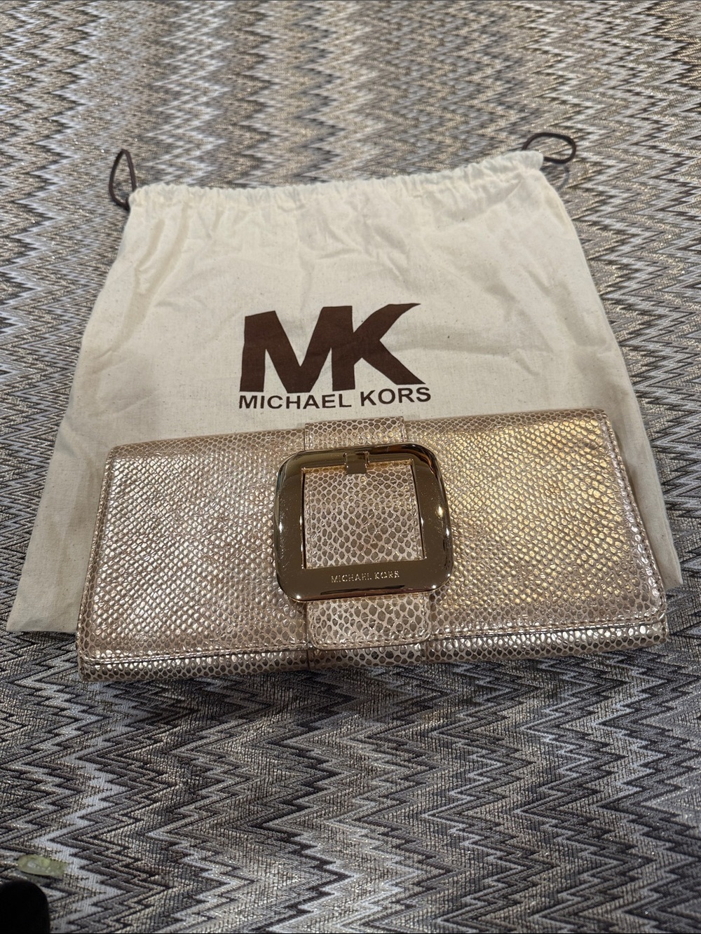 Michael Kors Metallic Gold Leather Buckle Clutch Wallet NWOTS.